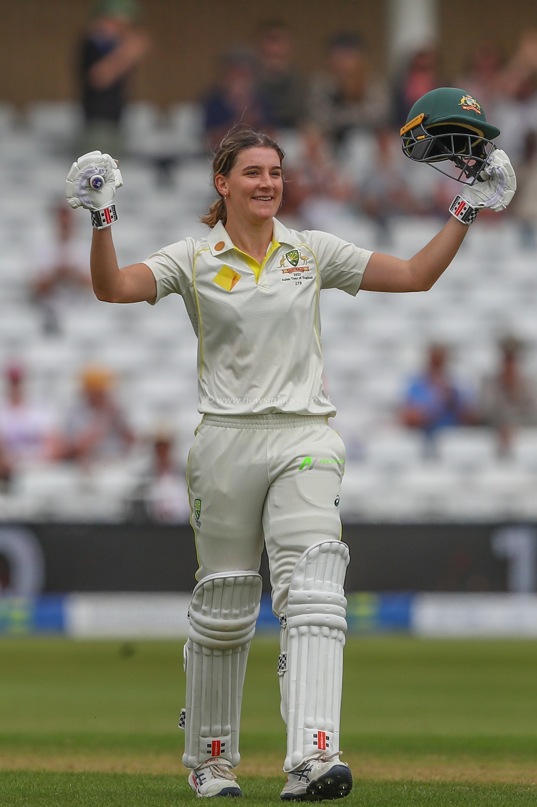 Annabel Sutherland of Australia celebrates a century (100 runs) during the Metro Bank Women's Ashes 2023 match Day 2 England vs Australia at Trent Bridge, Nottingham, United Kingdom, 23rd June 2023

(Photo by Gareth Evans/News Images)