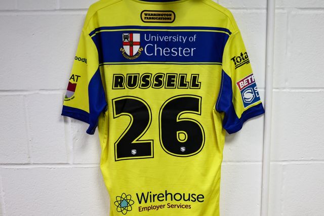 Match shirt of Dan Russell of Warrington Wolves during the Betfred Super League Round 1 match Huddersfield Giants vs Warrington Wolves at John Smith's Stadium, Huddersfield, United Kingdom, 16th February 2025

(Photo by Mark Cosgrove/News Images)