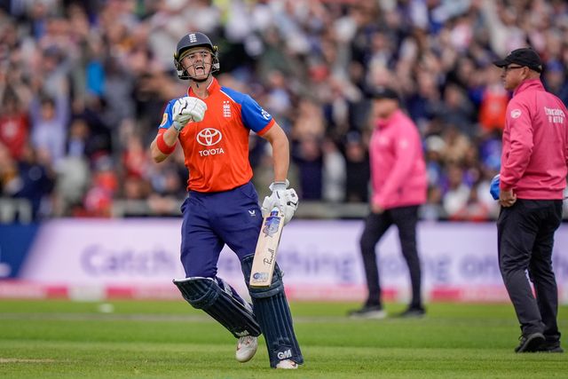 Jacob Bethell of England celebrates the winning run during the Second Vitality T20 International match England vs India at Old Trafford, Manchester, United Kingdom on 04 July 2026

(Photo by Maynard Manyowa/News Images)