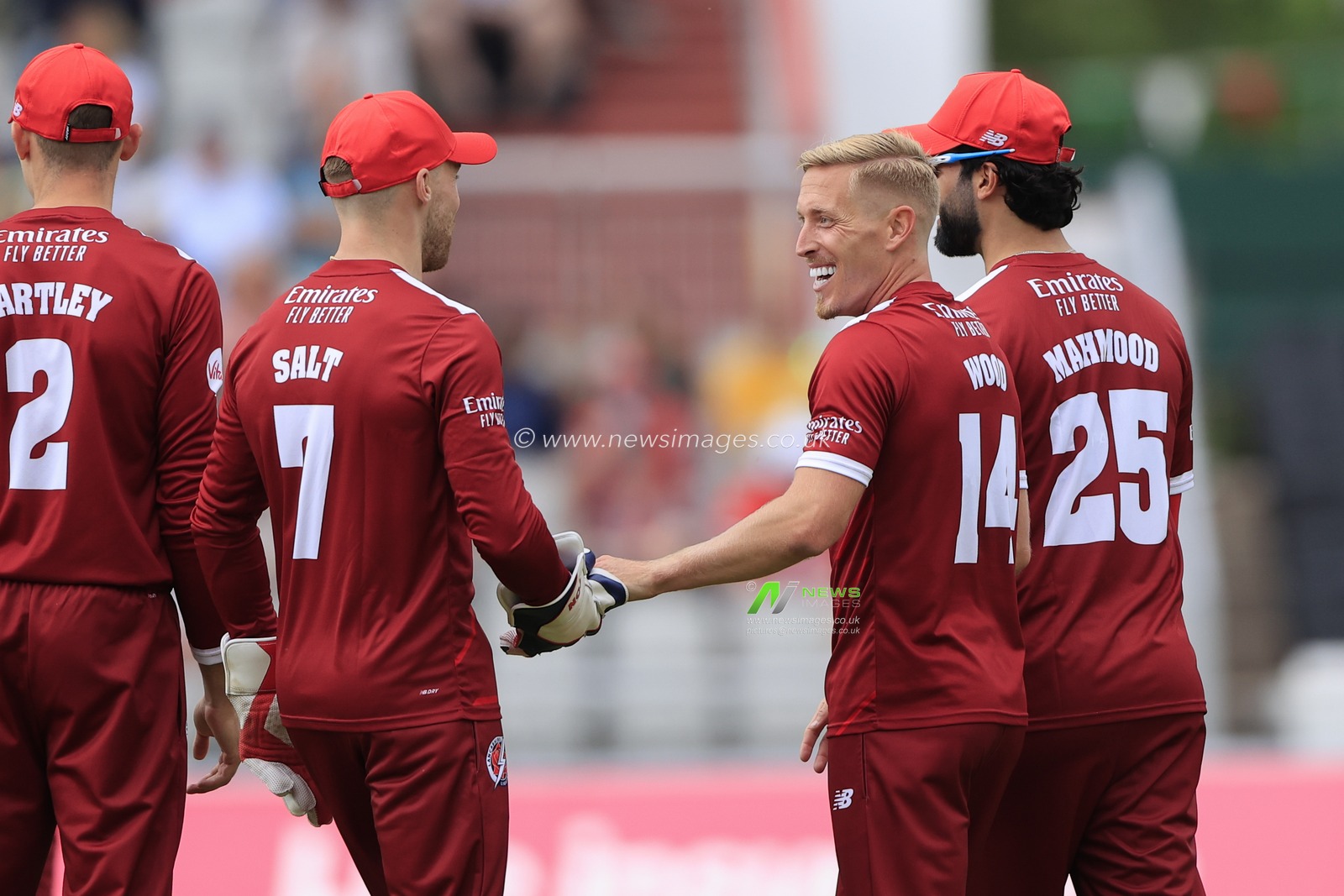 Luke Wood of Lancashire Lightning celebrates taking the wicket of Sol Budinger of Leicestershire Foxes during the Vitality Blast match Lancashire Lightning vs Leicestershire Foxes at Old Trafford, Manchester, United Kingdom, 25th May 2023

(Photo by Conor Molloy/News Images)