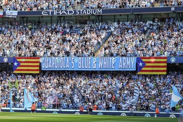 A Guardiola’s blue and white army banner strewn across the stadium during the Premier League match Manchester City vs Aston Villa at Etihad Stadium, Manchester, United Kingdom on 24 May 2026

(Photo by Mark Cosgrove/News Images)