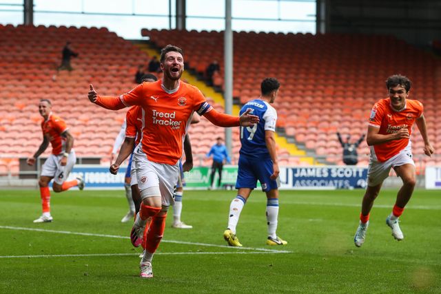 James Husband of Blackpool celebrates his goal to make it 2-1 during the Sky Bet League 1 match Blackpool vs Exeter City at Bloomfield Road, Blackpool, United Kingdom, 14th September 2024

(Photo by Gareth Evans/News Images)