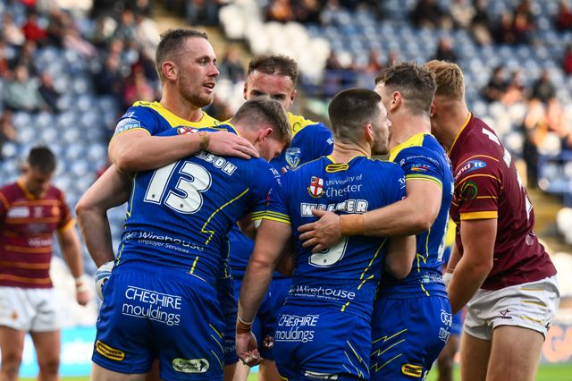 Matty Nicholson of Warrington Wolves celebrates his tryduring the Betfred Super League Round 26 match Huddersfield Giants vs Warrington Wolves at John Smith's Stadium, Huddersfield, United Kingdom, 14th September 2024

(Photo by Craig Thomas/News Images)
