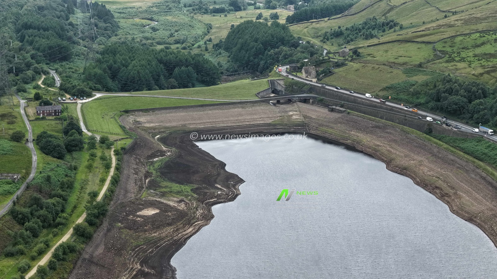 Woodhead Reservoir walter levels drop to one of the lowest points in recent times as grass and other plants start to grow on the Reservoir silt bed at Woodhead, Glossop, United Kingdom, 31st July 2025

(Photo by Mark Cosgrove/News Images)