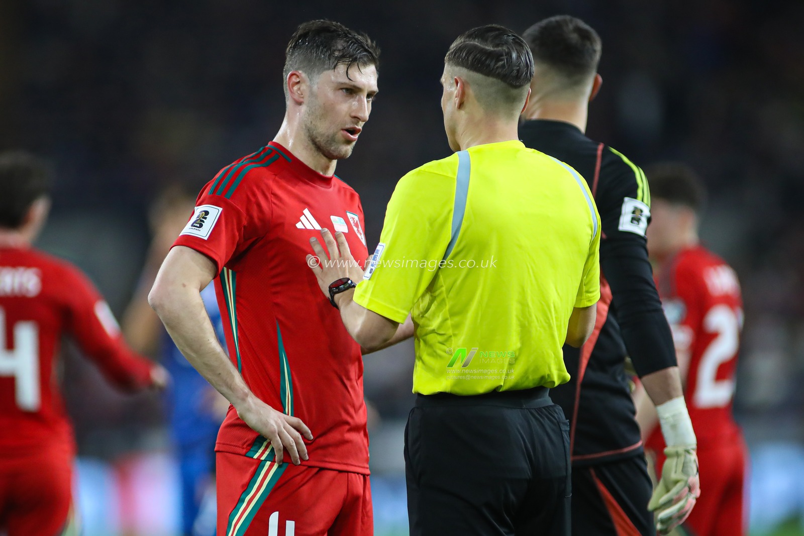 Ben Davies of Wales and Referee Donatas RumÅ¡as during the FIFA World Cup Qualifiers Group J match Wales vs Kazakhstan at Cardiff City Stadium, Cardiff, United Kingdom, 22nd March 2025

(Photo by Andrew Lewis/News Images)