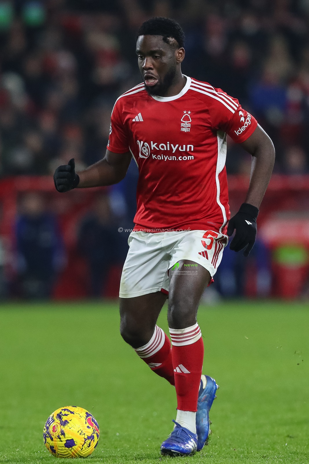Orel Mangala #5 of Nottingham Forest with the ball during the Premier League match Nottingham Forest vs Everton at City Ground, Nottingham, United Kingdom, 2nd December 2023

(Photo by Gareth Evans/News Images)