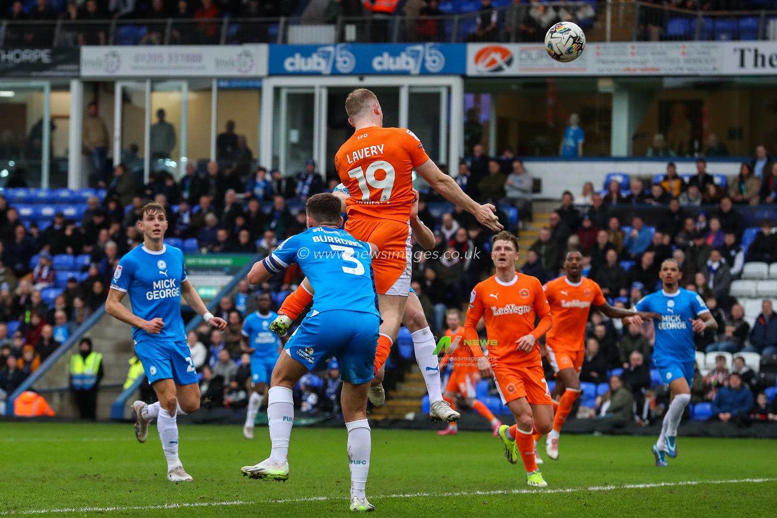 Shayne Lavery of Blackpool has a headed shot at goal during the Sky Bet League 1 match Peterborough United vs Blackpool at Weston Homes Stadium, Peterborough, United Kingdom, 17th February 2024

(Photo by Gareth Evans/News Images)