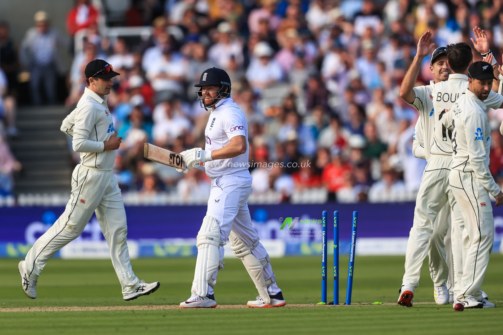 Jonny Bairstow of England is bowled out by Trent Boult of New Zealand