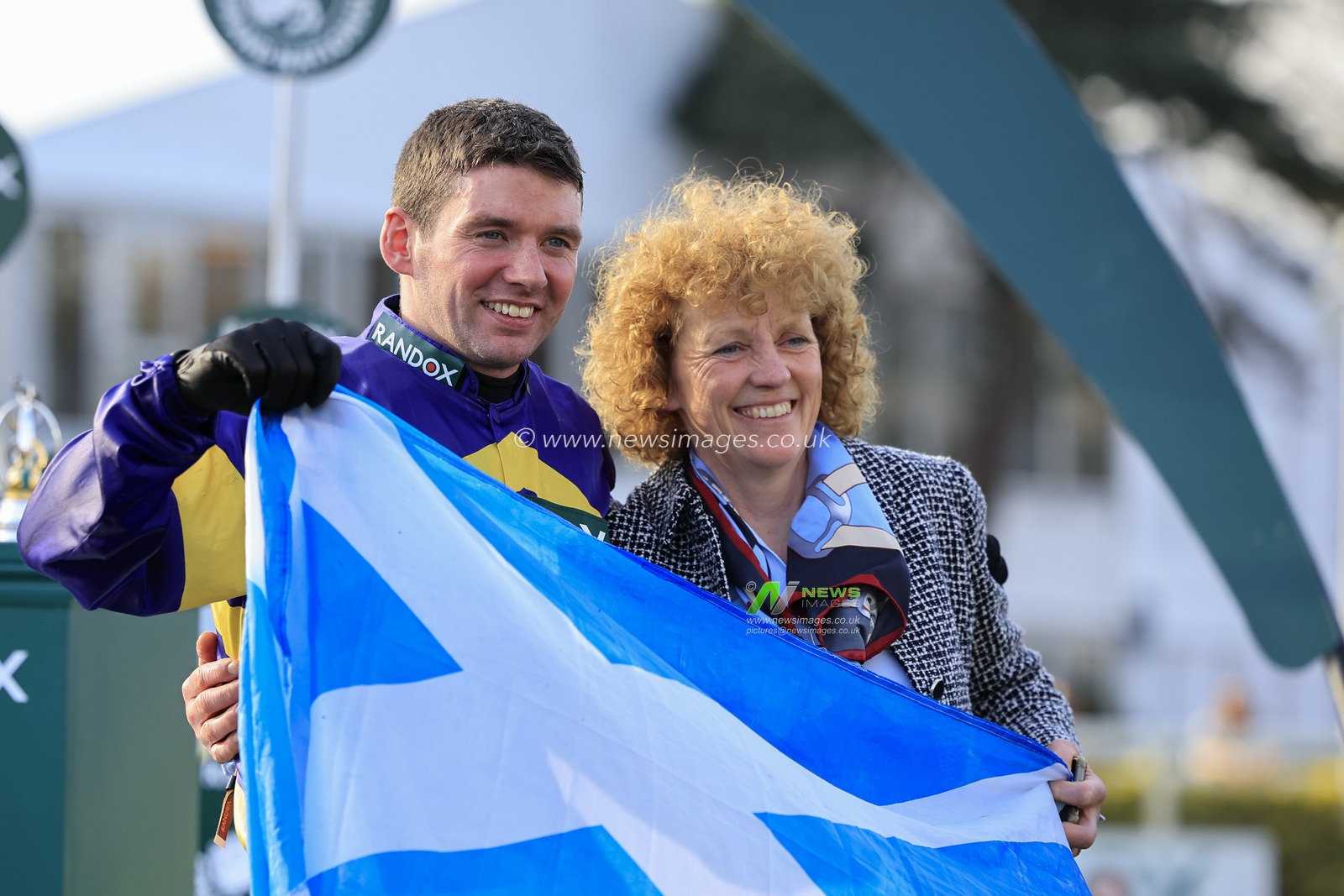 Jockey of Coach Rambler Derek Fox and trainer Lucinda Russell after winning The Randox Grand National Handicap Chase at The Randox Grand National festival 2023 Grand National Day at Aintree Racecourse, Liverpool, United Kingdom, 15th April 2023

(Photo by Conor Molloy/News Images)