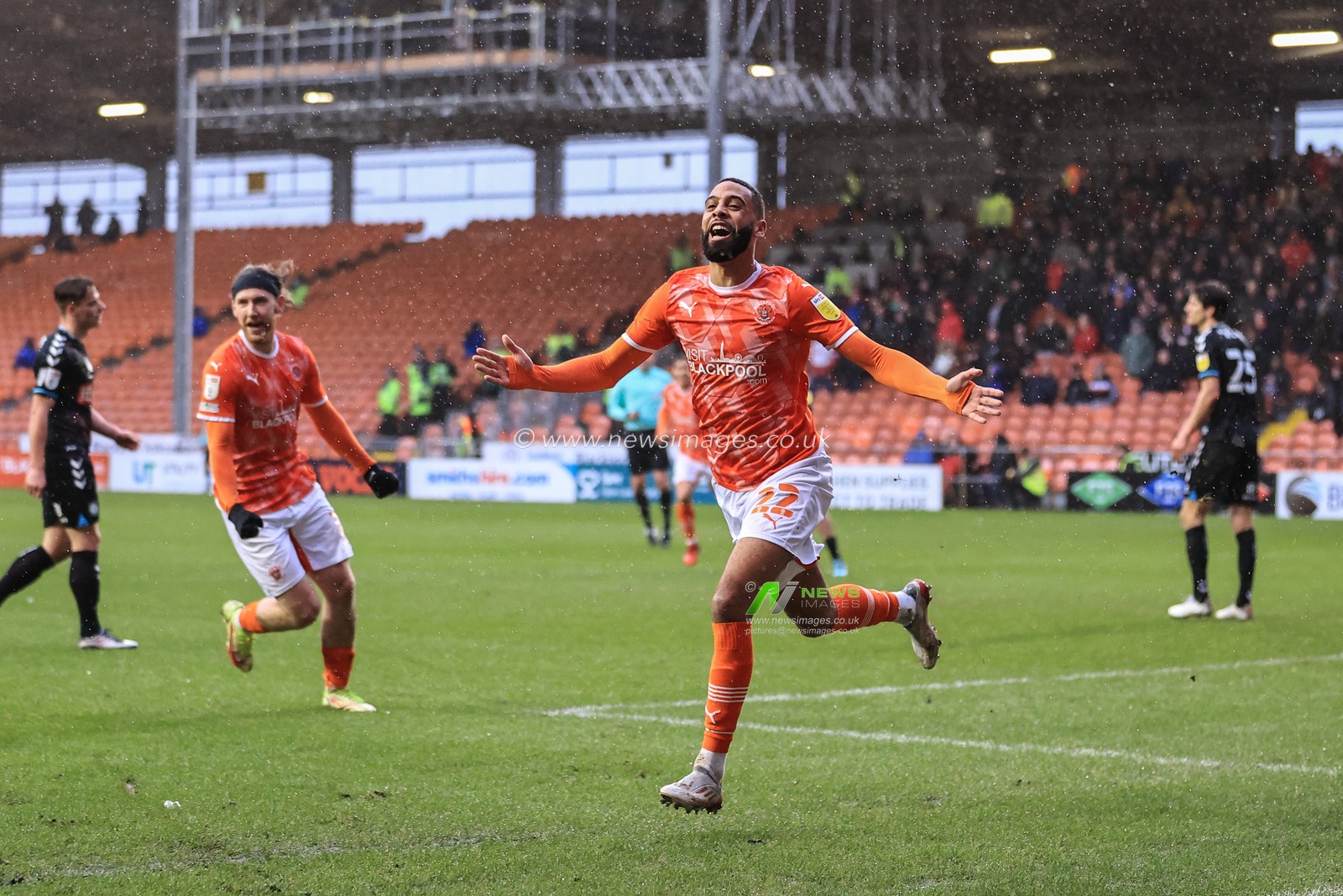 CJ Hamilton #22 of Blackpool celebrates his goal to make it 1-0