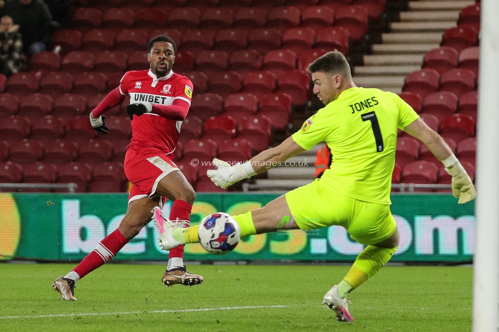 Chuba Akpom #29 of Middlesbrough takes a shot and scores to make it 3-0 during the Sky Bet Championship match Middlesbrough vs Wigan Athletic at Riverside Stadium, Middlesbrough, United Kingdom, 26th December 2022

(Photo by James Heaton/News Images)