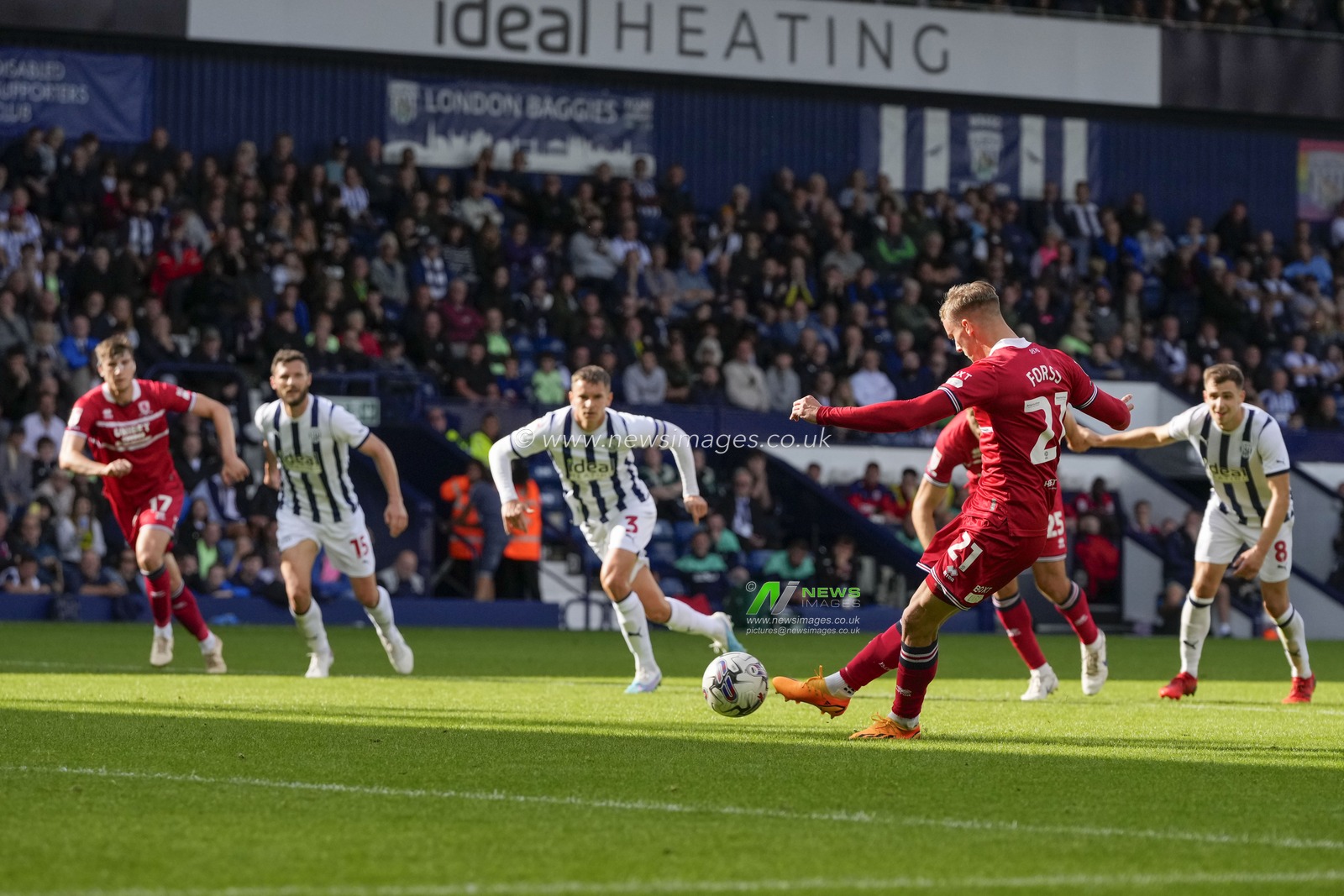Marcus Forss #21 of Middlesbrough scores from the penalty spot to make it 3-2 during the Sky Bet Championship match West Bromwich Albion vs Middlesbrough at The Hawthorns, West Bromwich, United Kingdom, 26th August 2023

(Photo by Steve Flynn/News Images)