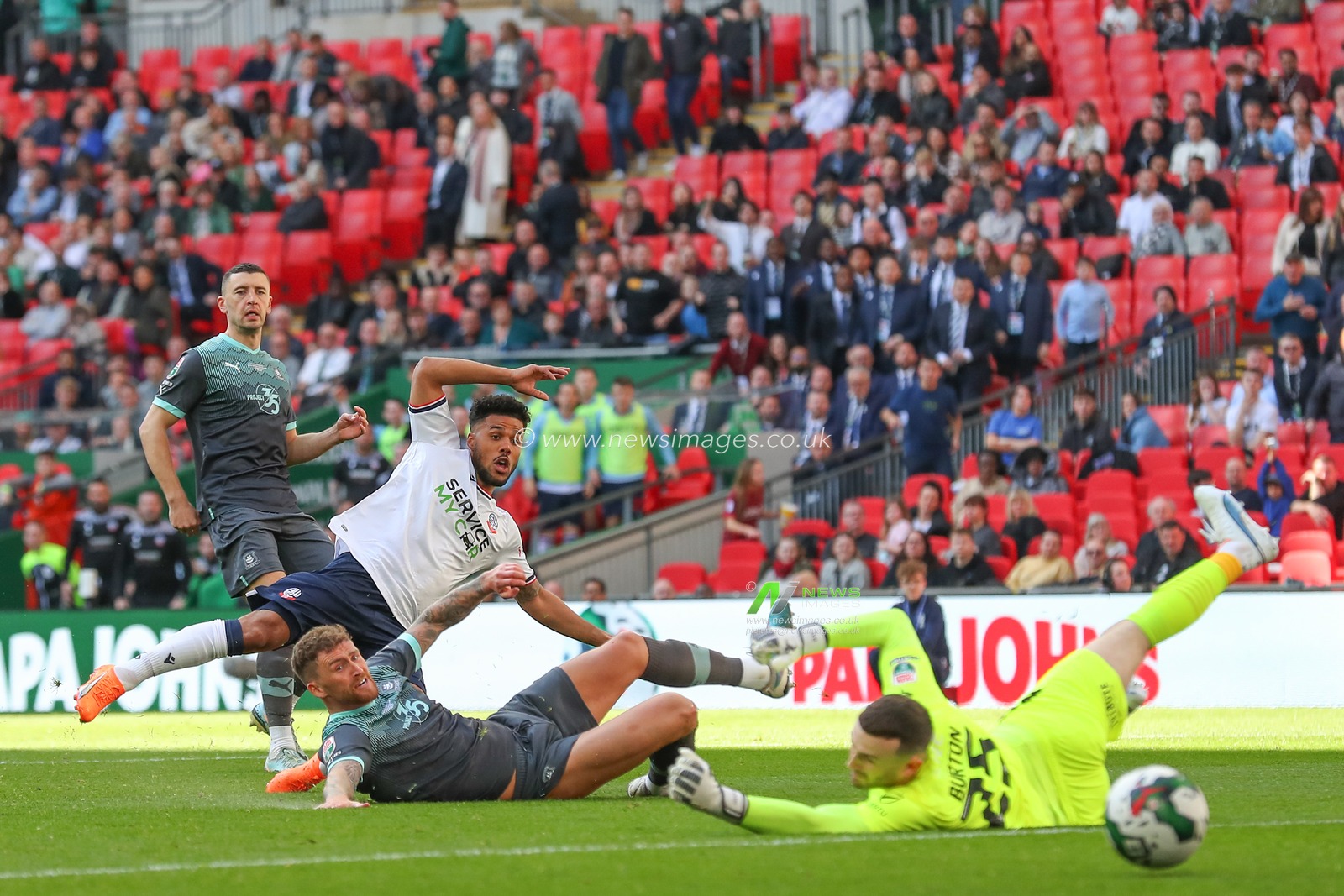 Elias Kachunga #24 of Bolton Wanderers scores a goal to make it 3-0 during the Papa John's Trophy Final match Bolton Wanderers vs Plymouth Argyle at Wembley Stadium, London, United Kingdom, 2nd April 2023

(Photo by Gareth Evans/News Images)