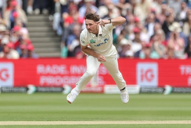 Nathan Smith of New Zealand delivers the ball during the 1st Rothesay Test Match Day 2 match England vs New Zealand at Lords, London, United Kingdom on 05 June 2026

(Photo by Mark Cosgrove/News Images)