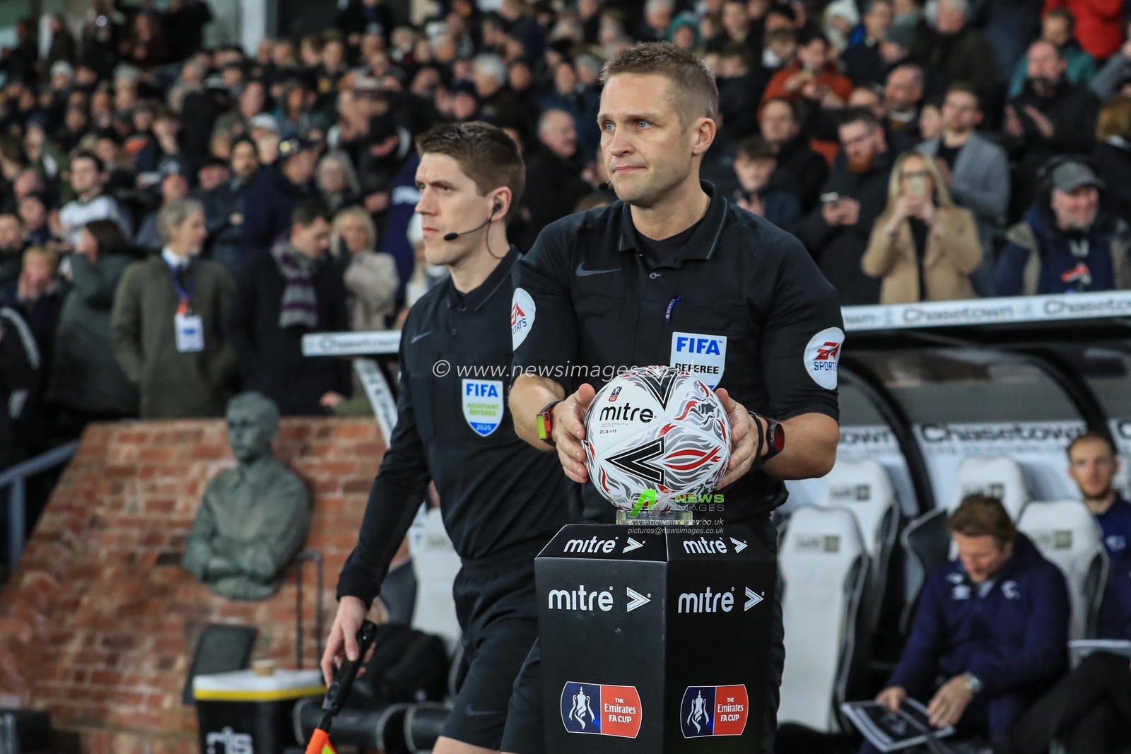 5th March 2020, Pride Park Stadium, Derby, England; Emirates FA Cup 5th Round, Derby County v Manchester United : The Official Emirates FA Cup Mitre Delta Match Ball   is collected by referee Craig Pawson