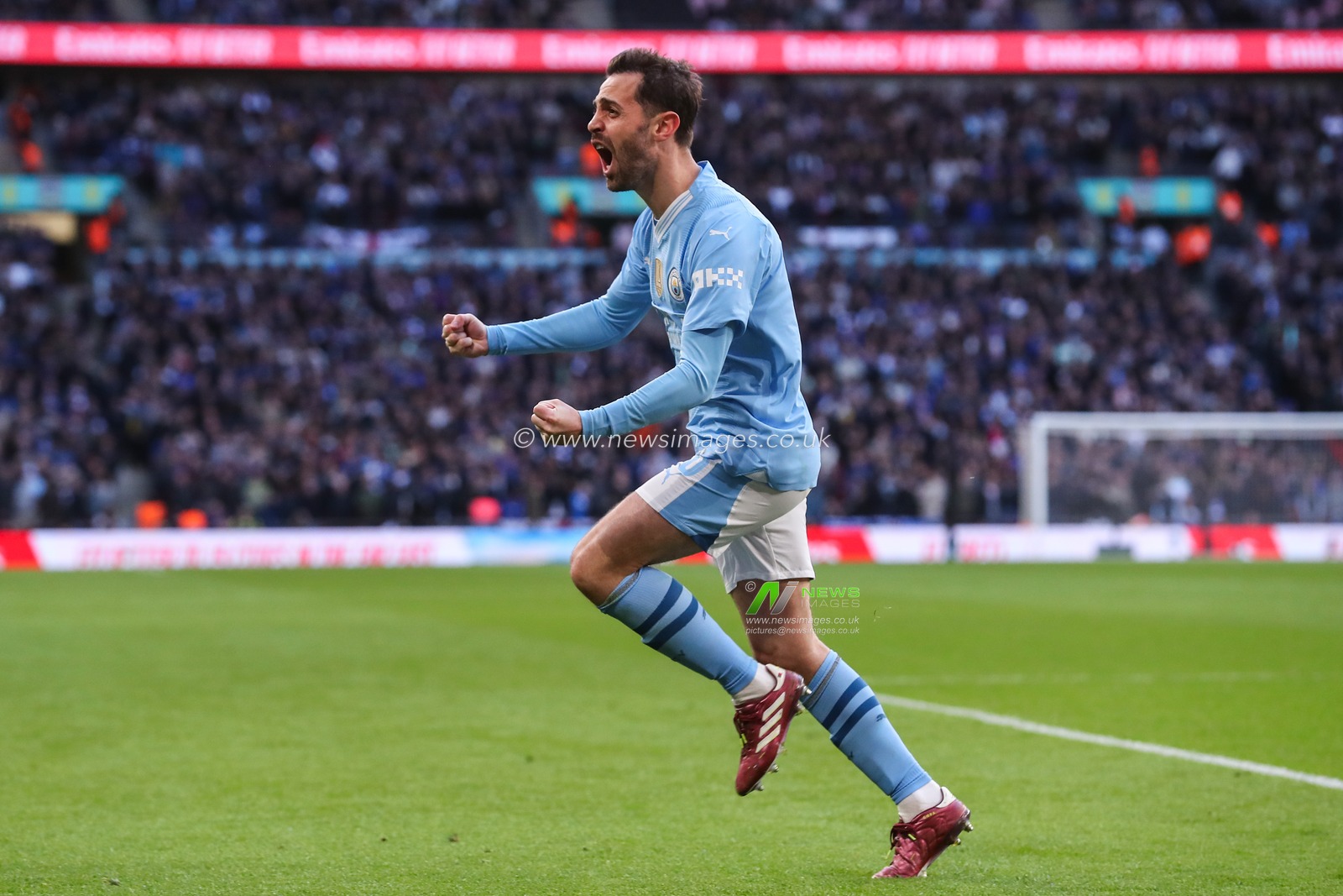 Bernardo Silva of Manchester City celebrates his goal to make it 1-0 during the Emirates FA Cup Semi-Final match Manchester City vs Chelsea at Wembley Stadium, London, United Kingdom, 20th April 2024

(Photo by Gareth Evans/News Images)