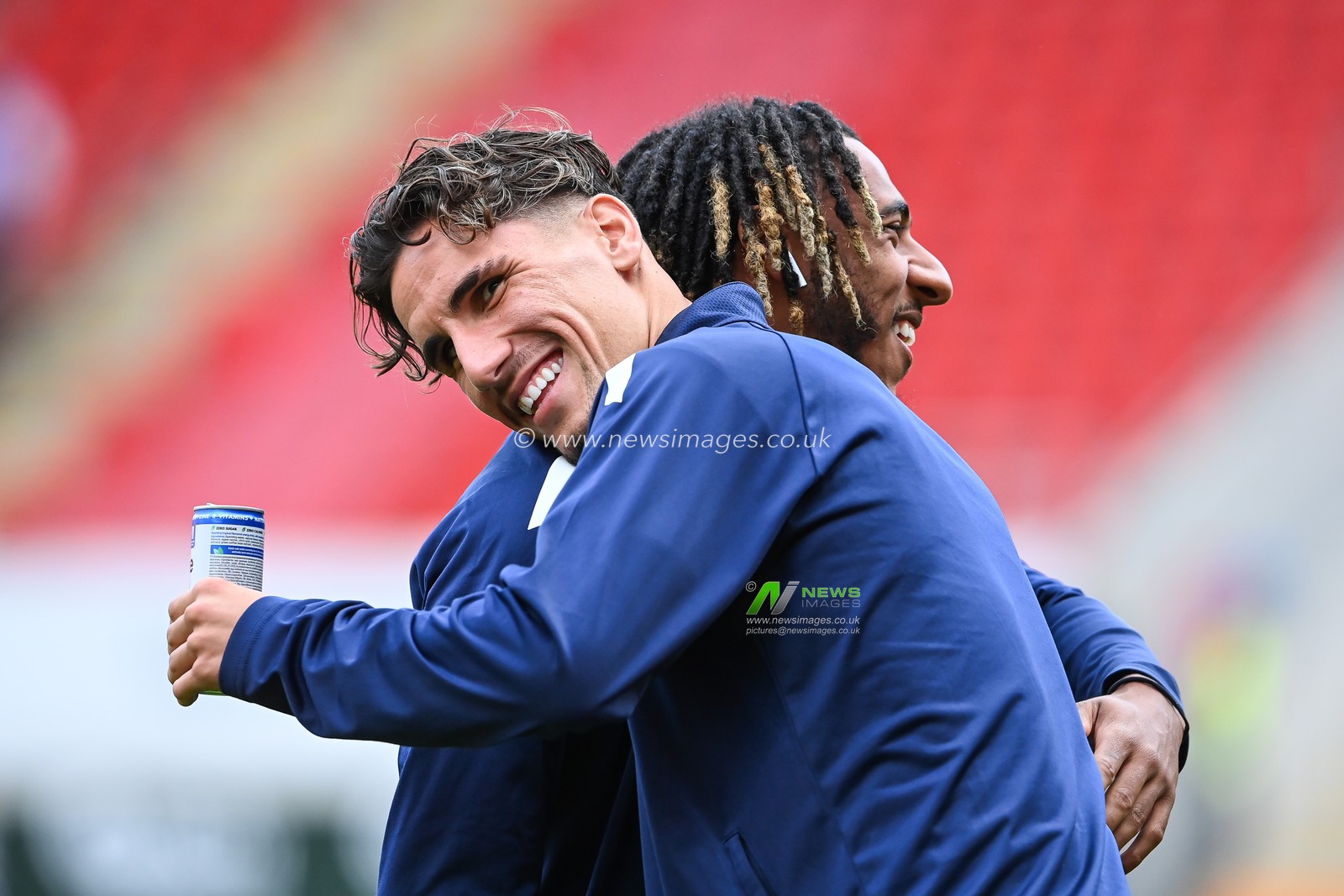 Theo Corbeanu #25 and Dominic Thompson #23 of Blackpool are all smiles as they arrive ahead of the Sky Bet Championship match Rotherham United vs Blackpool at New York Stadium, Rotherham, United Kingdom, 14th September 2022

(Photo by Craig Thomas/News Images)