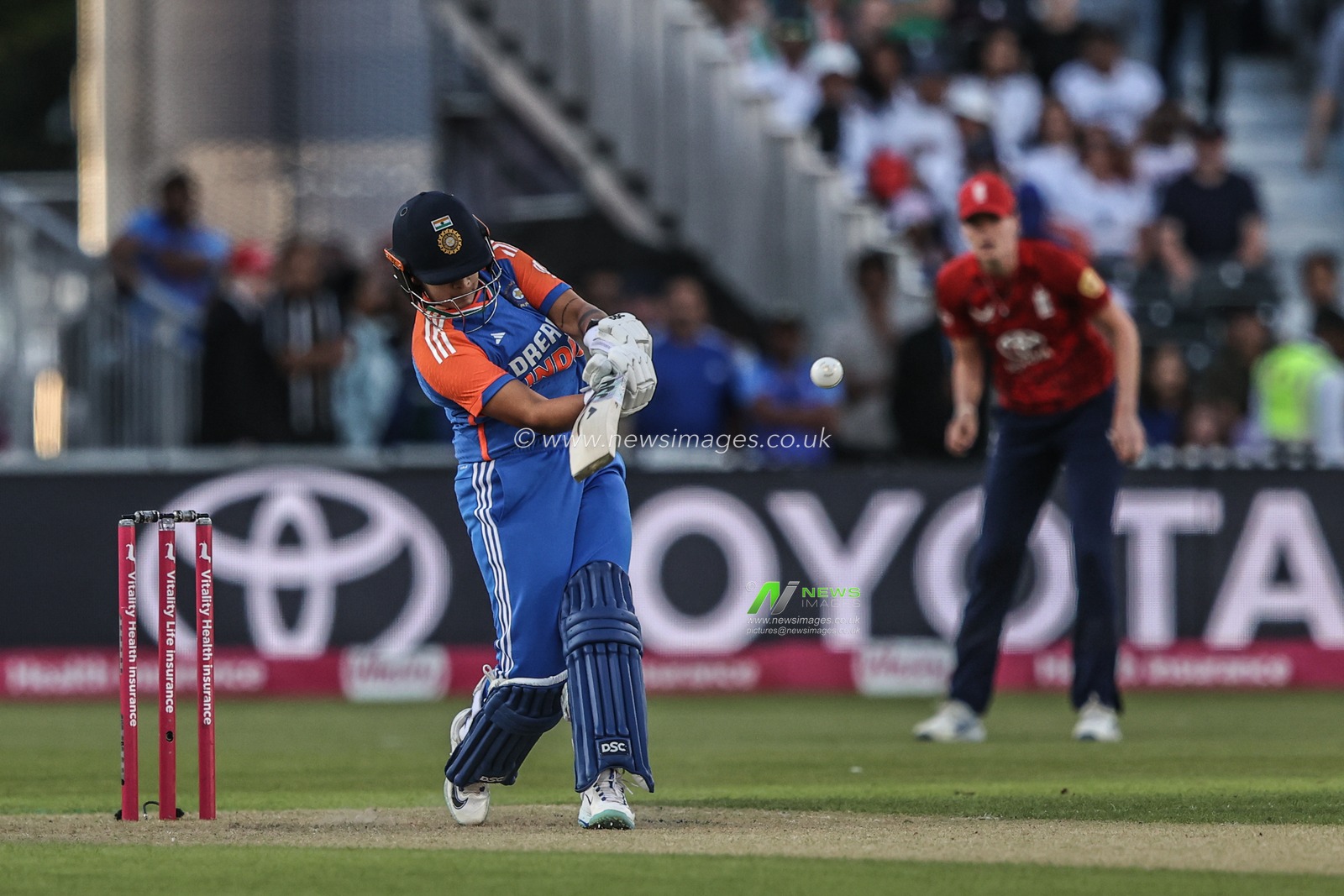 Shafali Verma of India hits the ball for four runs during the 4th Vitality IT20 England Women vs India Women at Old Trafford, Manchester, United Kingdom, 9th July 2025

(Photo by Alfie Cosgrove/News Images)