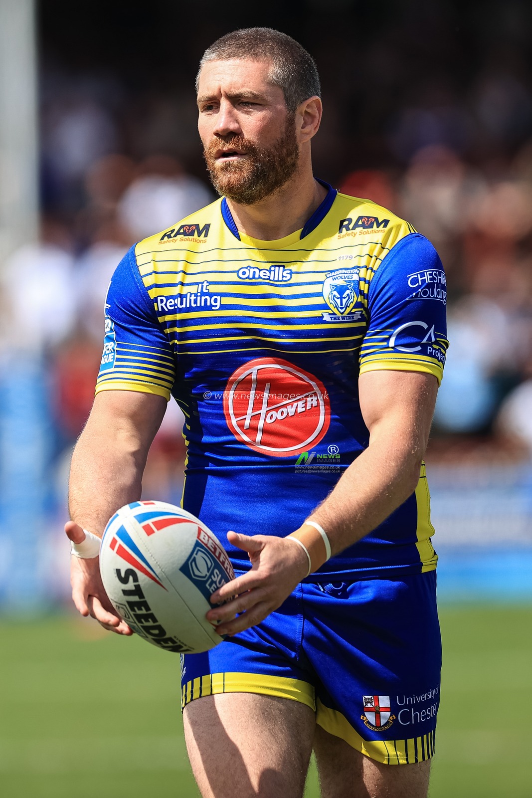 Kyle Amor #32 of Warrington Wolves during pre-game warm up
