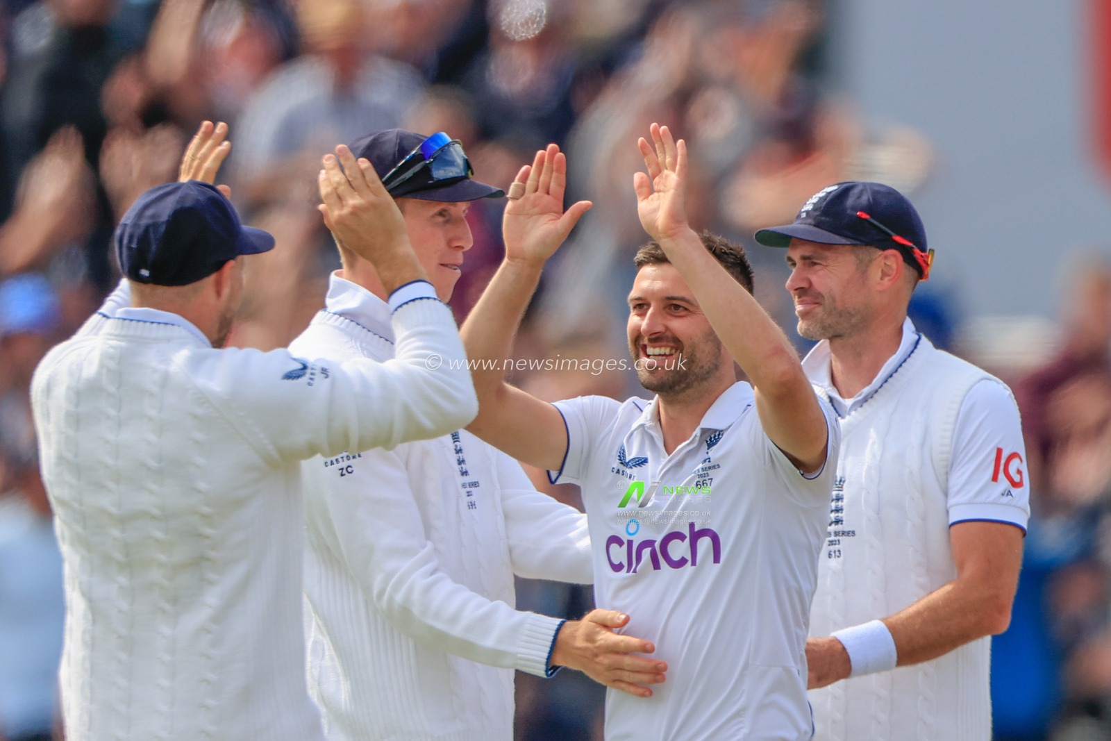 Mark Wood of England celebrates the wicket of Usman Khawaja of Australia during the LV= Insurance Ashes Fourth Test Series Day Three Test Series match England vs Australia at Old Trafford, Manchester, United Kingdom, 21st July 2023

(Photo by Conor Molloy/News Images)