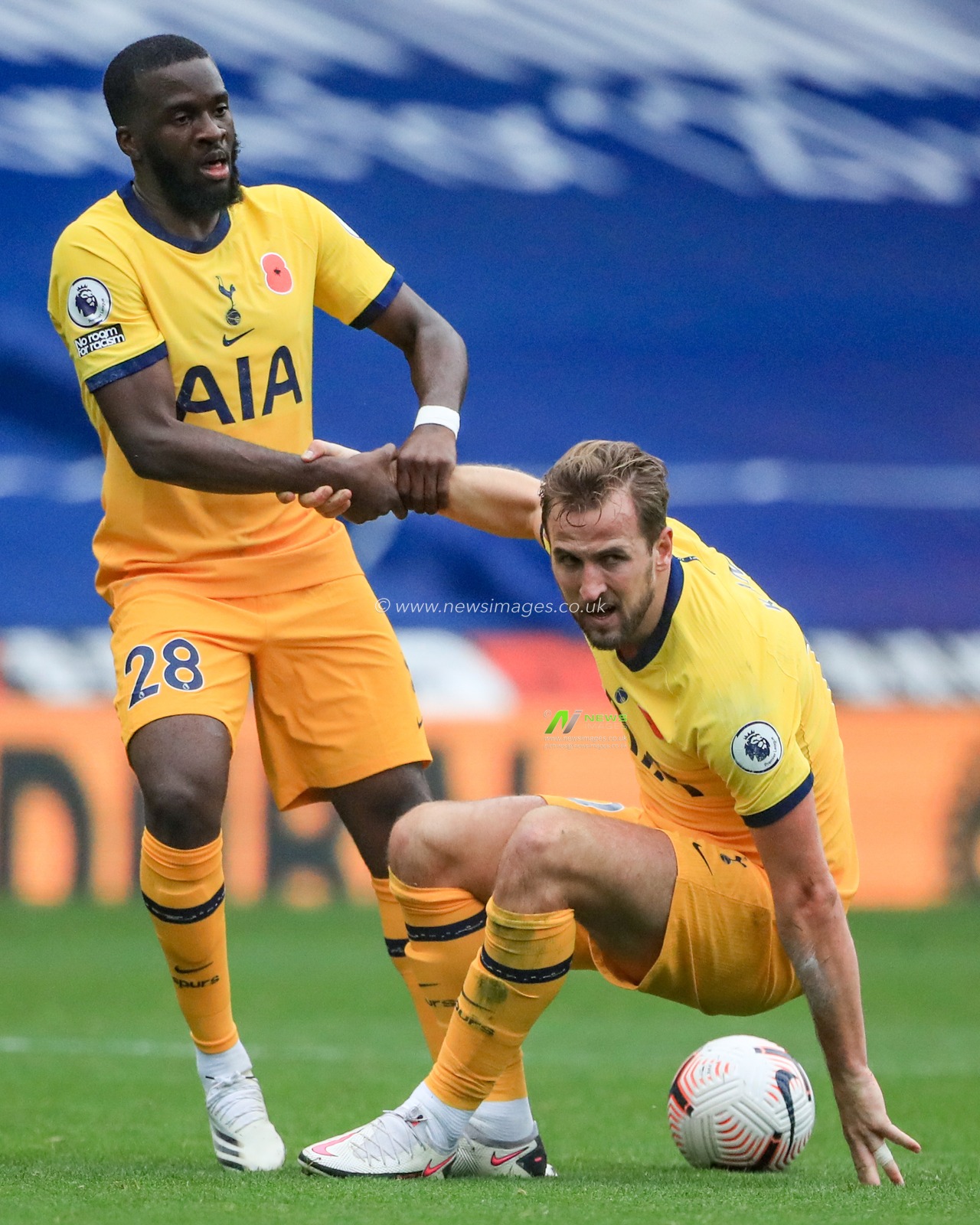 Tanguy NDombele #28 of Tottenham Hotspur helps Harry Kane #10 of Tottenham Hotspur to his feet