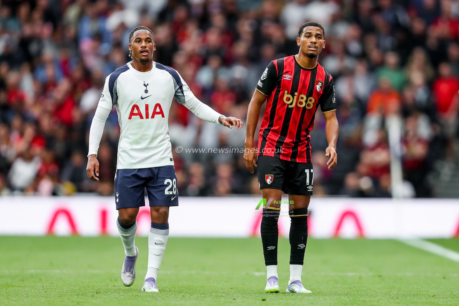 Wilson Odobert of Tottenham Hotspur and Amine Adli of AFC Bournemouth look on during the Premier League match Tottenham Hotspur vs Bournemouth at Tottenham Hotspur Stadium, London, United Kingdom, 30th August 2025

(Photo by Izzy Poles/News Images)