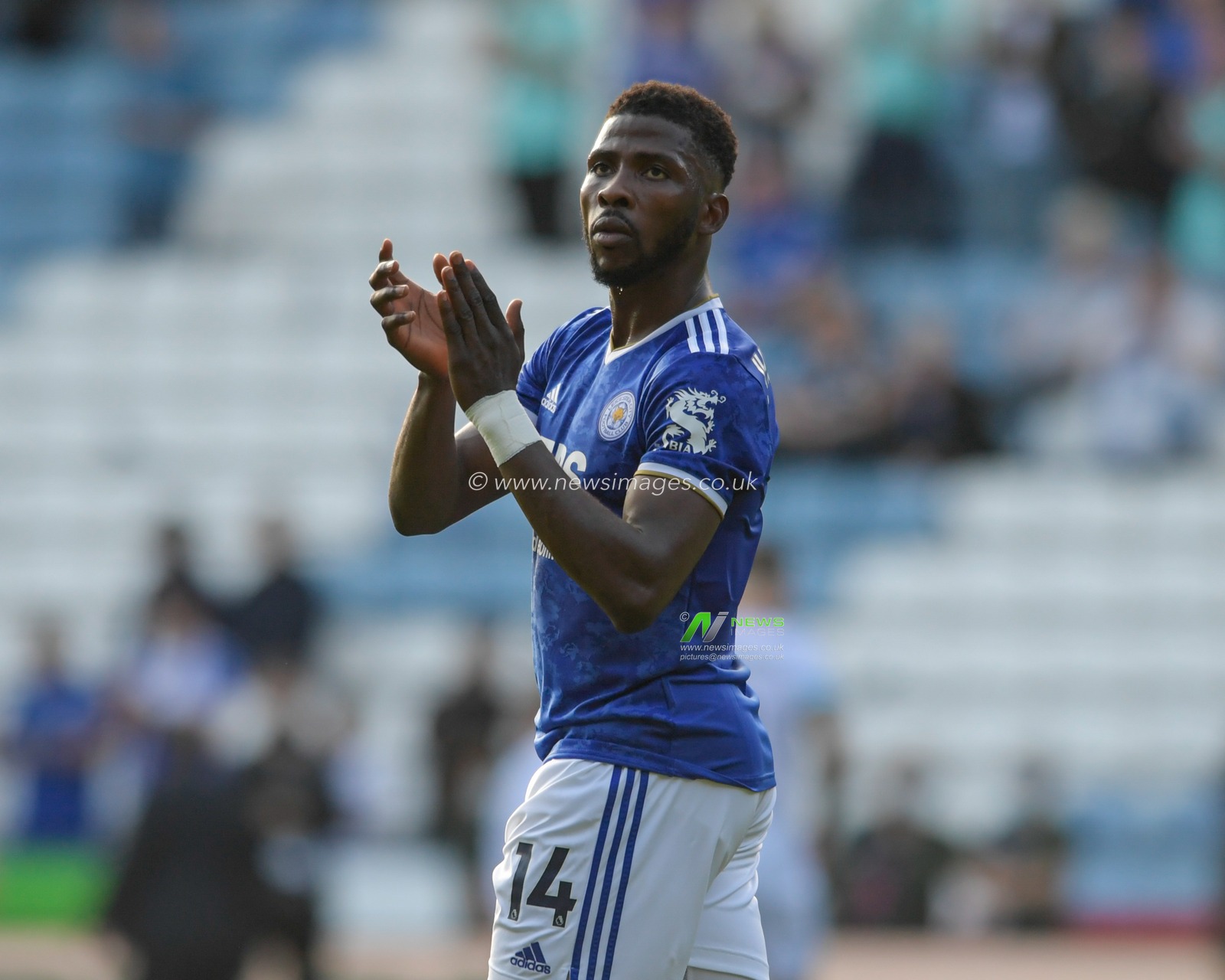 Kelechi Iheanacho #14 of Leicester City applauds the home supporters at the end of the game