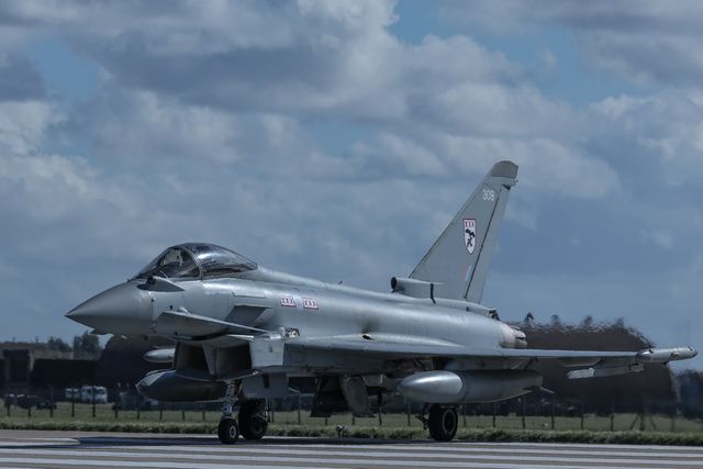 A RAF Eurofighter Typhoon FGR Mk4 taxies back to the pan during a flight training day at RAF Coningsby, Coningsby, United Kingdom, 22nd September 2025

(Photo by Mark Cosgrove/News Images)