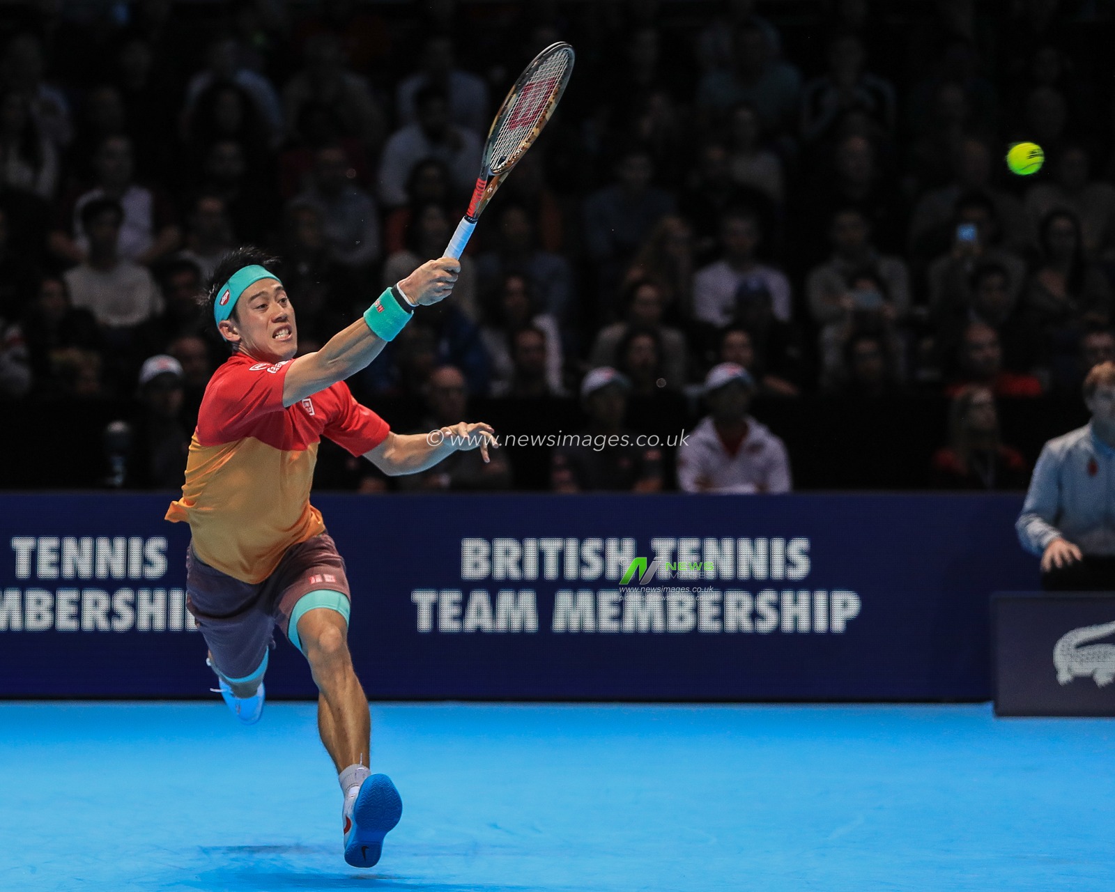 11th November 2018, The O2 , London, England;  The Apt Finals; Roger Federer vs Kei Nishikori ; Kei Nishikori at full stretch 


Credit: Romena Fogliati/News Images
