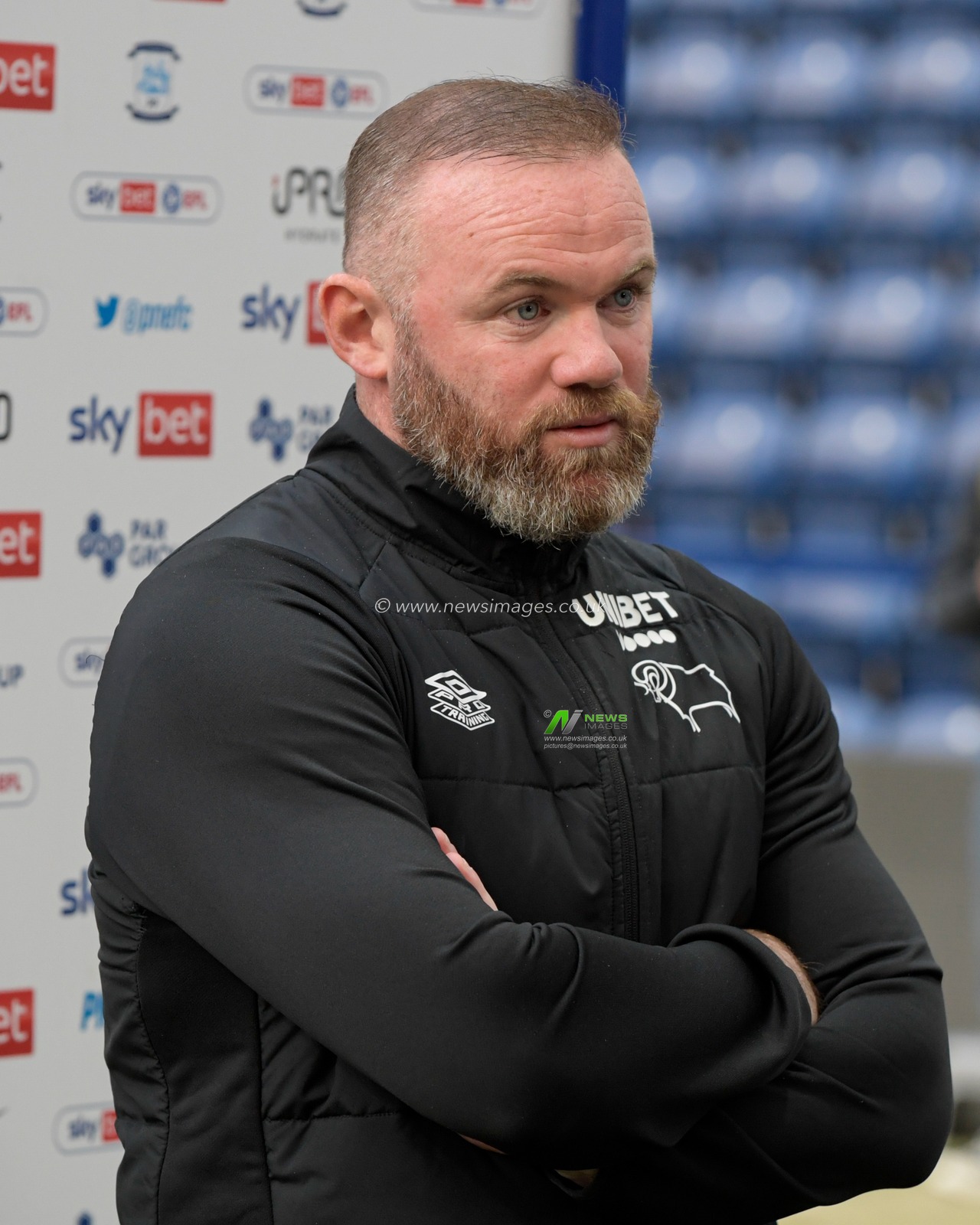 Wayne Rooney manager of Derby County speaks to the media after the game
