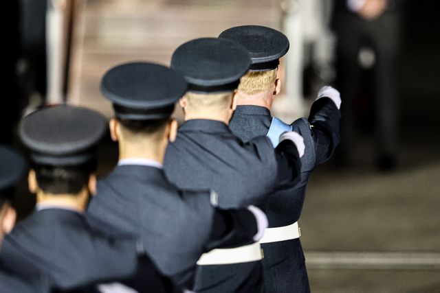 Members of the RAF Regiment March towards the stairs of Air Force One to greet US President Donald Trump and his Wife First Lady Melania Trump for their state visit to the United Kingdom at London Stansted Airport, Stansted, United Kingdom, 16th September 2025

(Photo by Alfie Cosgrove/News Images)
