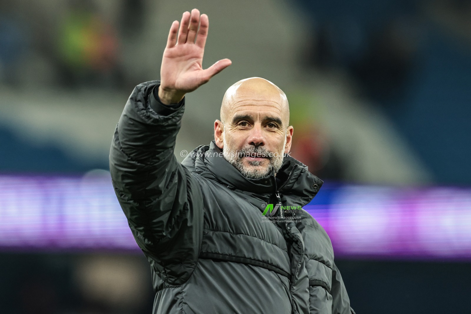 Pep Guardiola manager of Manchester City waves to the fans during the Carabao Cup Semi-Final second leg match Manchester City vs Newcastle United at Etihad Stadium, Manchester, United Kingdom, 4th February 2026

(Photo by Mark Cosgrove/News Images)