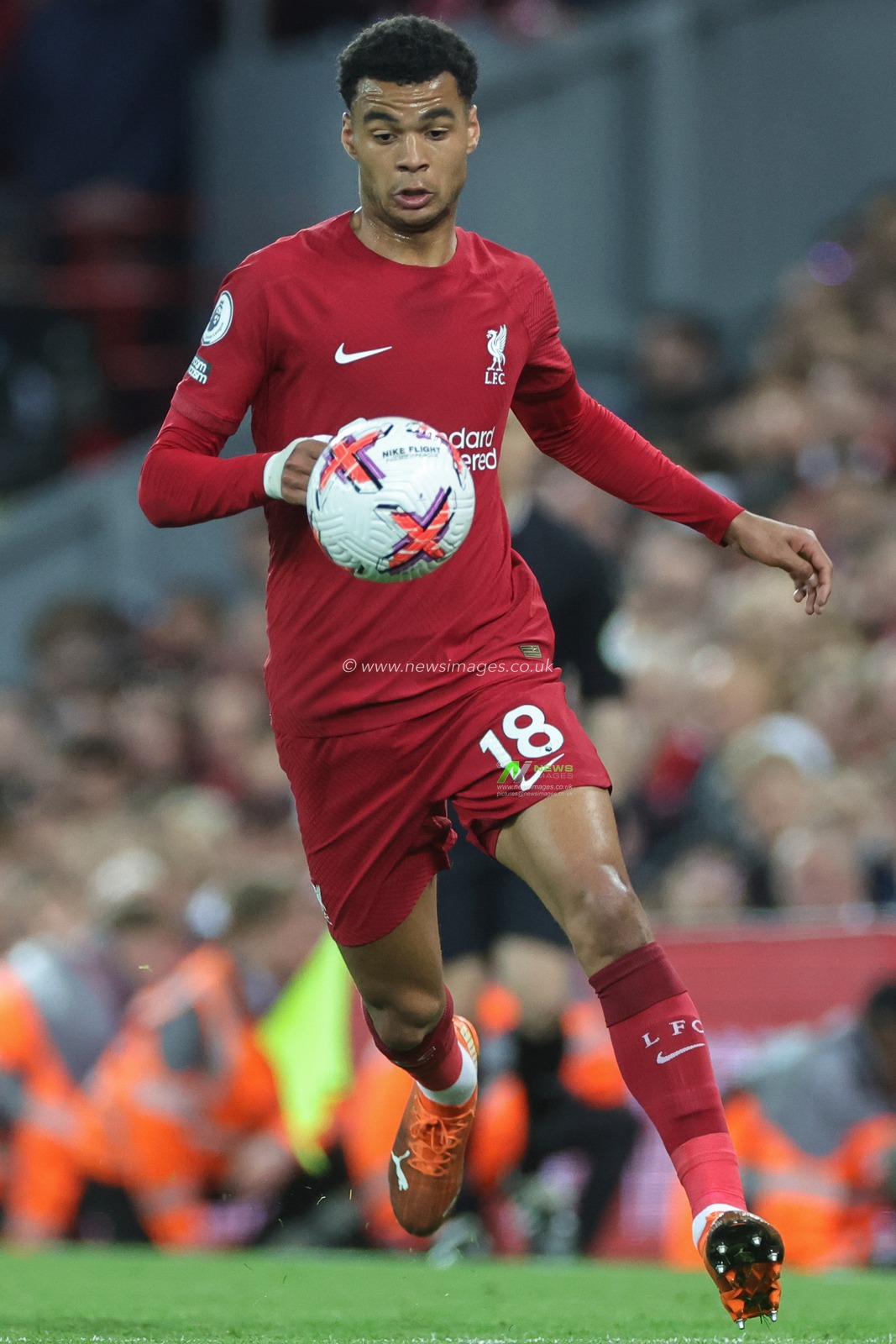 Cody Gakpo #18 of Liverpool breaks with the ball during the Premier League match Liverpool vs Fulham at Anfield, Liverpool, United Kingdom, 3rd May 2023

(Photo by Mark Cosgrove/News Images)