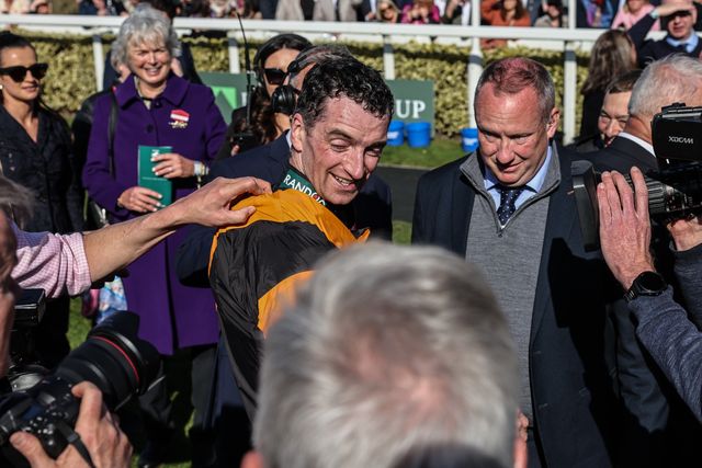 Patrick Mullins celebrates winning the Grand National during the Randox Grand National 2025 Day 3 Grand National Day at Aintree Racecourse, Liverpool, United Kingdom, 5th April 2025

(Photo by Mark Cosgrove/News Images)