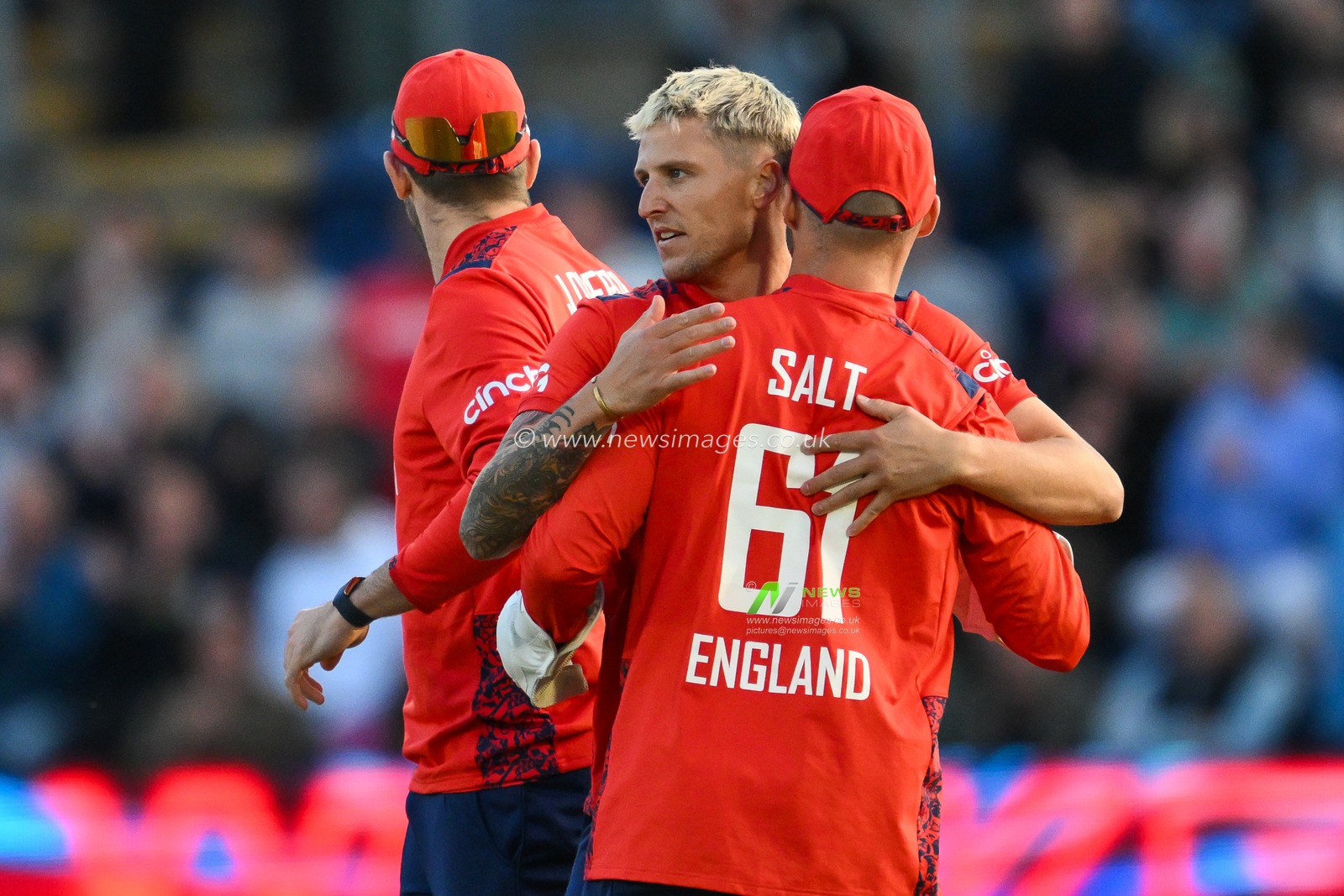 Brydon Carse of England celebrates taking the wicket of Travis Head of Australia caught by Adil Rashid of England during the Second Vitality IT20 Series England v Australia at Sophia Gardens Cricket Ground, Cardiff, United Kingdom, 13th September 2024

(Photo by Craig Thomas/News Images)