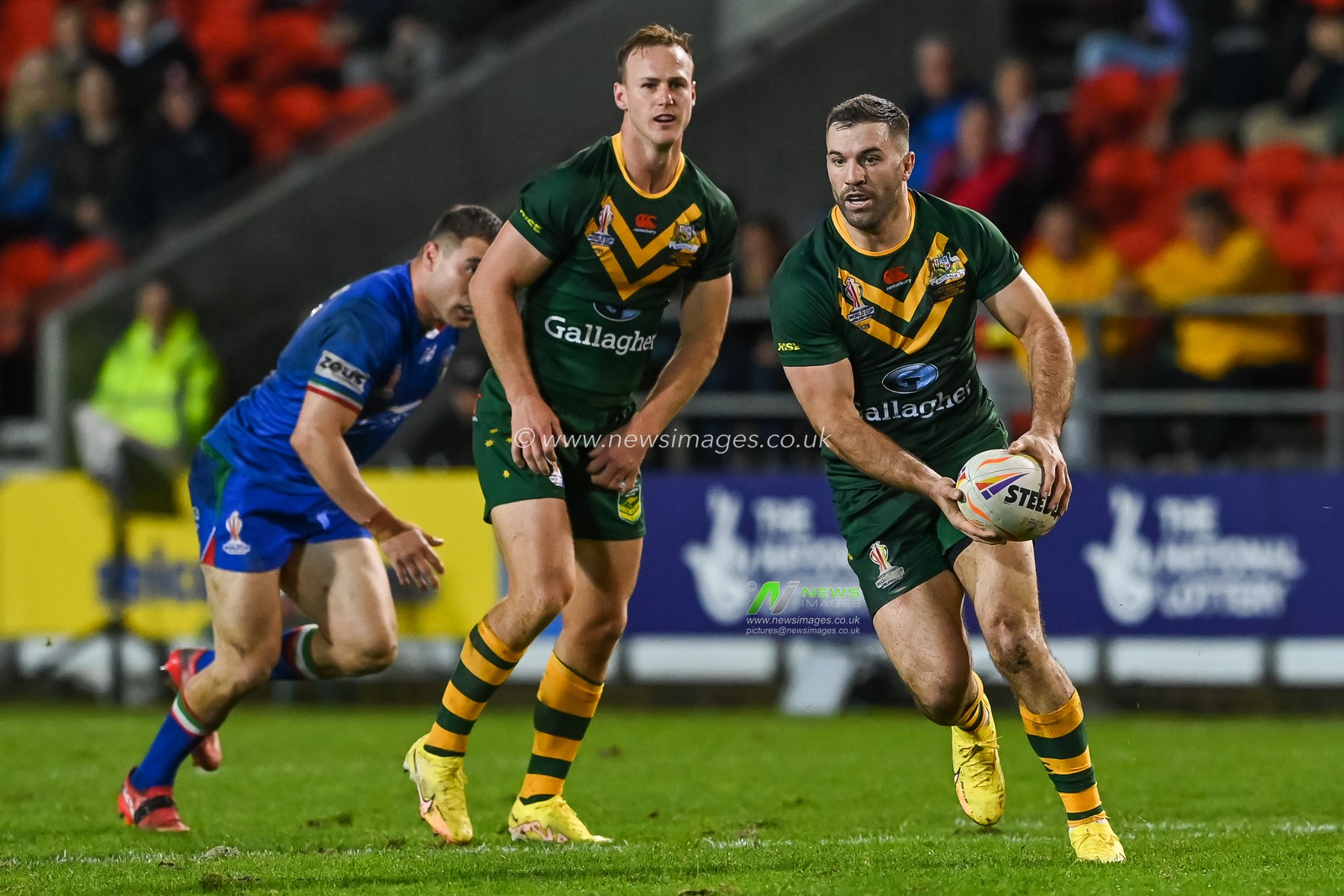 James Tedesco of Australia makes a break during the Rugby League World Cup 2021 match Australia vs Italy at Totally Wicked Stadium, St Helens, United Kingdom, 29th October 2022

(Photo by Craig Thomas/News Images)