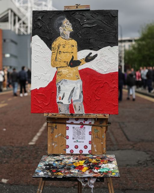 A Man Utd painting by local Manchester artist @mufc.sketch during the Premier League match Manchester United vs Nottingham Forest at Old Trafford, Manchester, United Kingdom on 17 May 2026

(Photo by Mark Cosgrove/News Images)