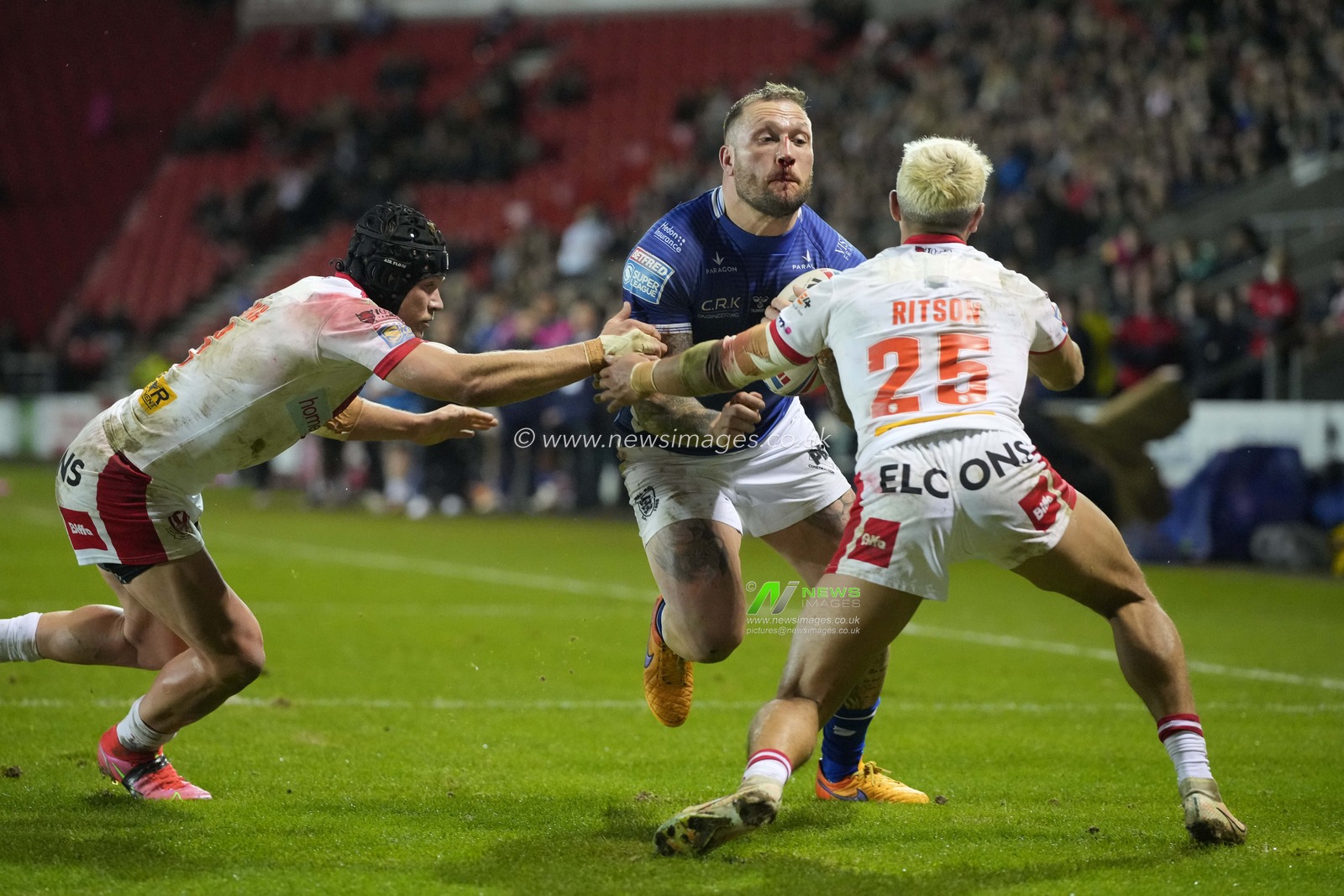 Josh Griffin #23 of Hull FC runs at Tee Ritson #25 of St Helens during the Betfred Super League Round 5 match St Helens vs Hull FC at Totally Wicked Stadium, St Helens, United Kingdom, 17th March 2023

(Photo by Steve Flynn/News Images)