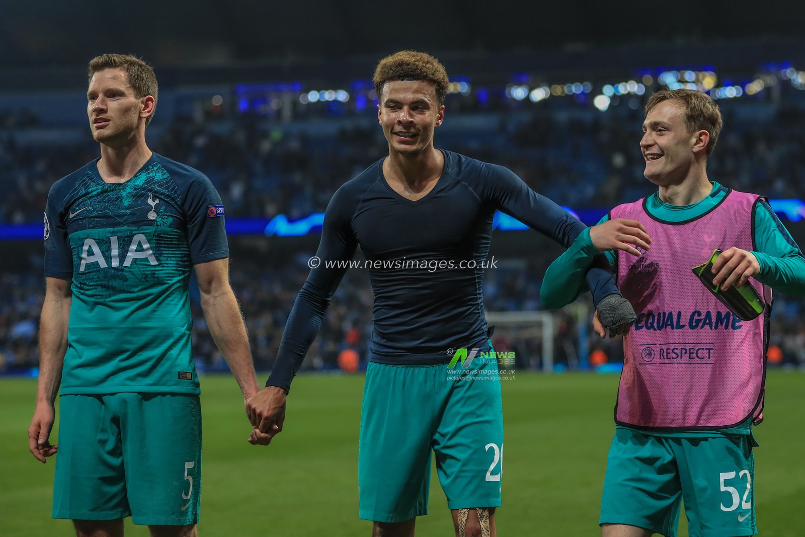 17th April 2019 , Etihad Stadium, Manchester, England; UEFA Champions League, Quarter Final, Second Leg, Manchester City v Tottenham ; Jan Vertonghen (05) of Tottenham and Dele Alli (20) of Tottenham celebrate winning Manchester City as they go through to the semi-final 


Credit: Mark Cosgrove/News Images