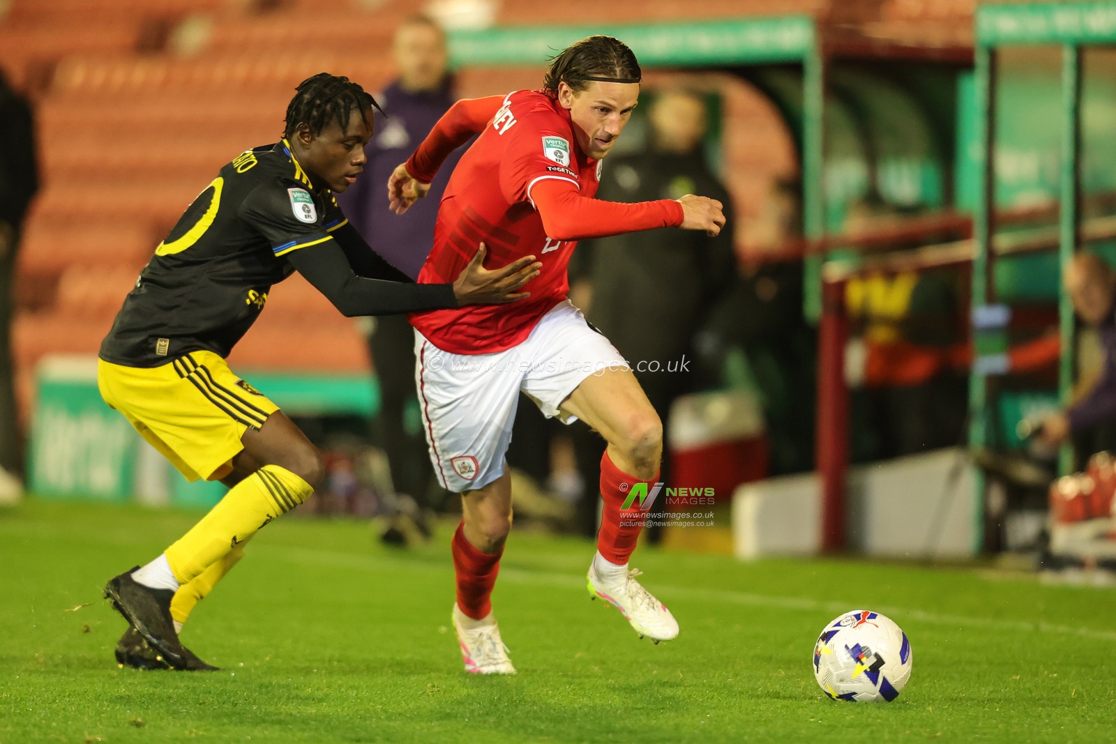 Mael de Gevigney of Barnsley breaks with the ball during the The Vertu Trophy Group D match Barnsley vs Manchester United U21 at Oakwell, Barnsley, United Kingdom, 21st October 2025

(Photo by Richard Bierton/News Images)