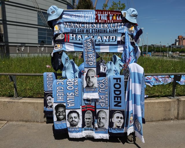 Manchester City scarfs on sale during the Premier League match Manchester City vs Aston Villa at Etihad Stadium, Manchester, United Kingdom on 24 May 2026

(Photo by Mark Cosgrove/News Images)