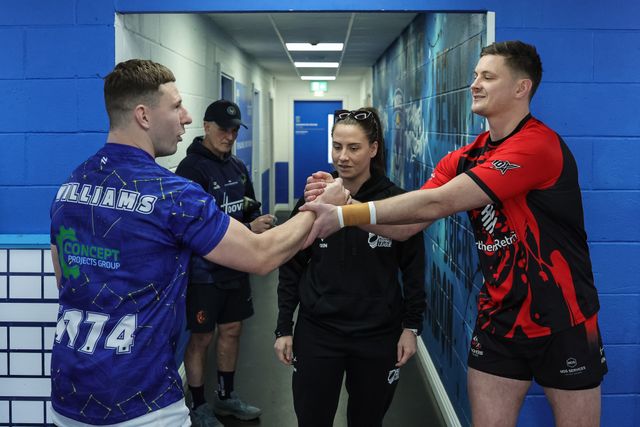 George Williams of Warrington Wolves and Josh Guzdek of Goole Vikings  shake hands after the coin toss during the Betfred Challenge Cup round 4 match Goole Vikings vs Warrington Wolves at The Halliwell Jones Stadium, Warrington, United Kingdom on 14 March 2026

(Photo by Mark Cosgrove/News Images)