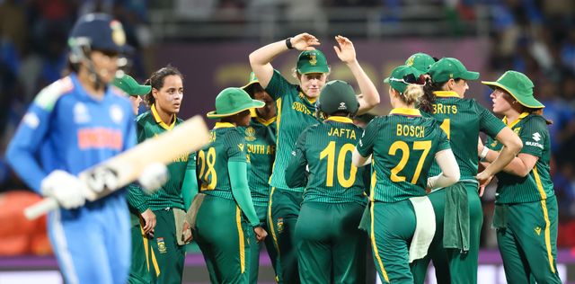 Chloe Tryon of South Africa take wicket of Smriti Mandhana  of India during the ICC Women's ODI Cricket World Cup Final 2025 session India Women vs South Africa Women at Dr. D.Y. Patil Sports Academy, Navi Mumbai, India, 2nd November 2025

(Photo by Shubhajit Roy Karmakar/News Images)