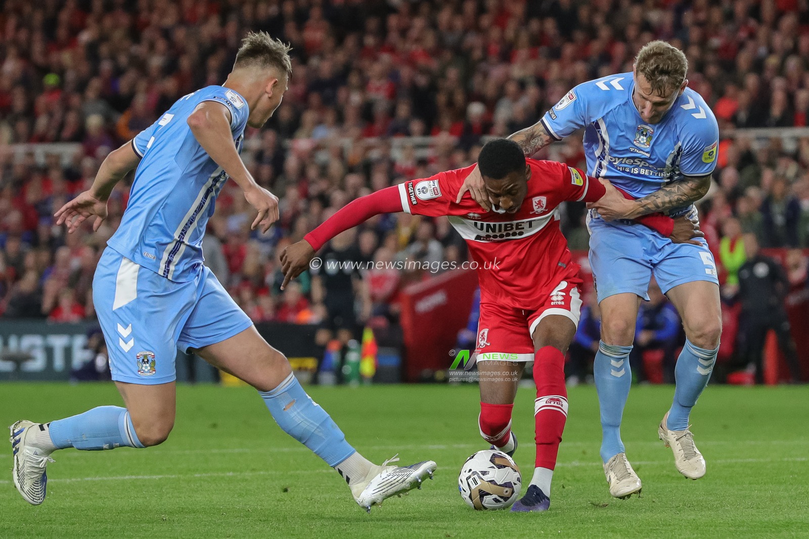 Isaiah Jones #2 of Middlesbrough is challenged by Callum Doyle #3 of Coventry City in the Coventry penalty area during the Sky Bet Championship Play-Off match Middlesbrough vs Coventry City at Riverside Stadium, Middlesbrough, United Kingdom, 17th May 2023

(Photo by James Heaton/News Images)