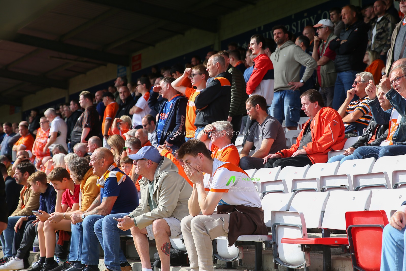 Blackpool fans react during the Sky Bet League 1 match Lincoln City vs Blackpool at Gelder Group Sincil Bank Stadium, Lincoln, United Kingdom, 26th August 2023

(Photo by Gareth Evans/News Images)