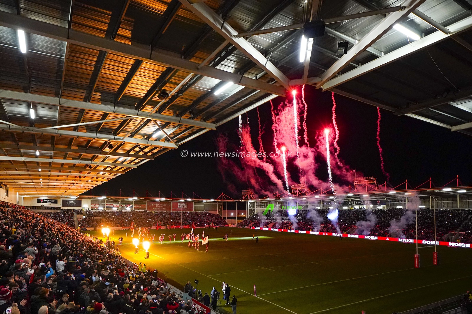 General view of pyrotechnics at the Totally Wicked Stadium before the Betfred Super League Round 3 match St Helens vs Leeds Rhinos at Totally Wicked Stadium, St Helens, United Kingdom, 3rd March 2023

(Photo by Steve Flynn/News Images)