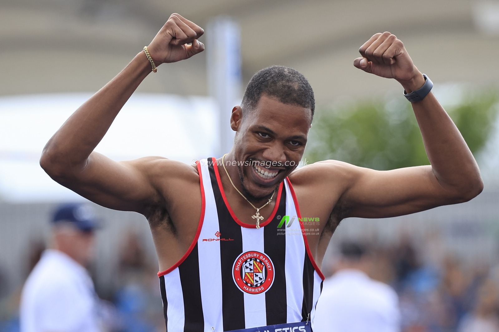 Zharnel Hughes celebrates winning the menâ€™s 200m final during the UK Athletics Championships at Manchester Regional Arena, Manchester, United Kingdom, 9th July 2023

(Photo by Conor Molloy/News Images)