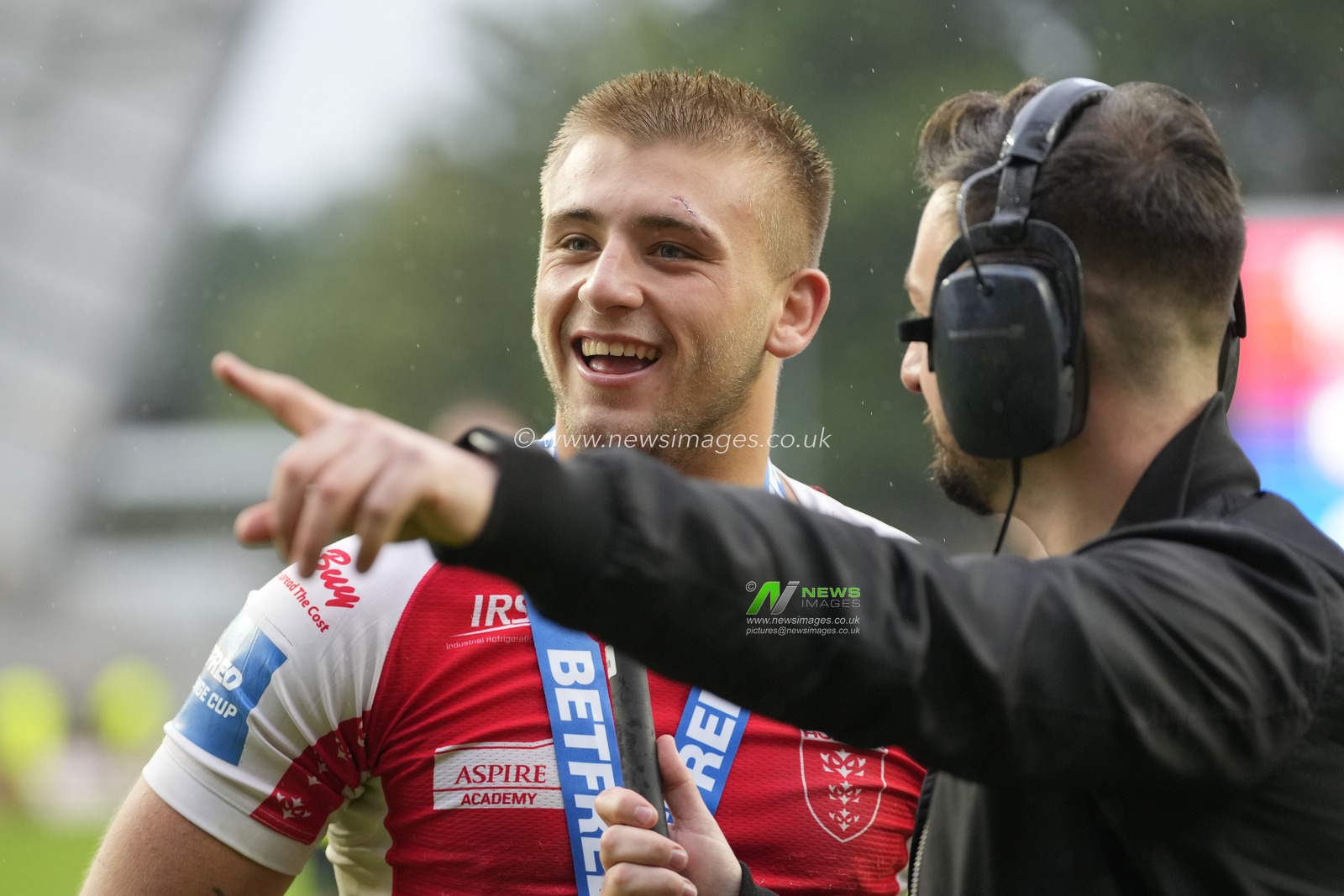 Mikey Lewis #20 of Hull KR is interviewed after his man of the match performance during the Betfred Challenge Cup Semi Final match Hull KR vs Wigan Warriors at Sewell Group Craven Park, Kingston upon Hull, United Kingdom, 23rd July 2023

(Photo by Steve Flynn/News Images)