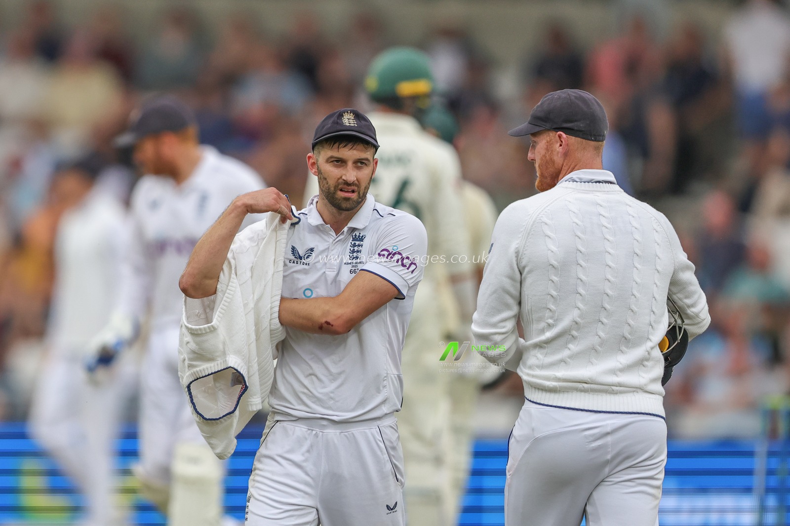 Mark Wood of England speaks to Ben Stokes of England during the LV= Insurance Ashes Third Test Series Day 3 England v Australia at Headingley Stadium, Leeds, United Kingdom, 8th July 2023

(Photo by Mark Cosgrove/News Images)