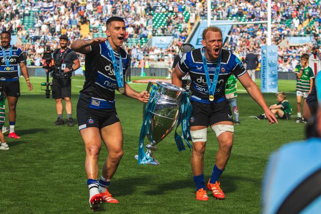 Cameron Redpath of Bath and Miles Reid of Bath during the Gallagher Premiership Play-off Final 2025 Bath Rugby v Leicester Tigers at Allianz Stadium, Twickenham, United Kingdom, 14th June 2025

(Photo by Craig Evans/News Images)
